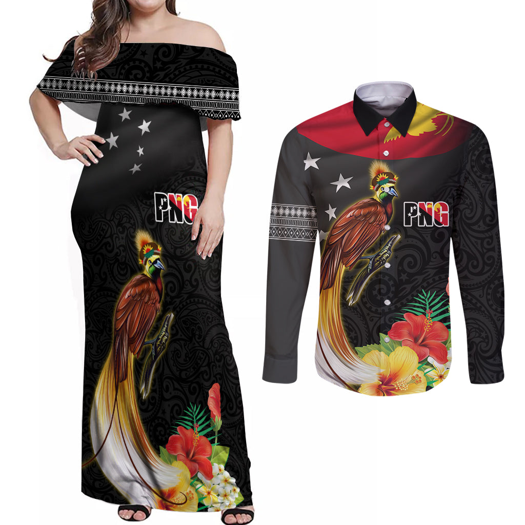 Papua New Guinea Independence Day Couples Matching Off Shoulder Maxi Dress and Long Sleeve Button Shirt PNG Flag and Bird-of-Paradise