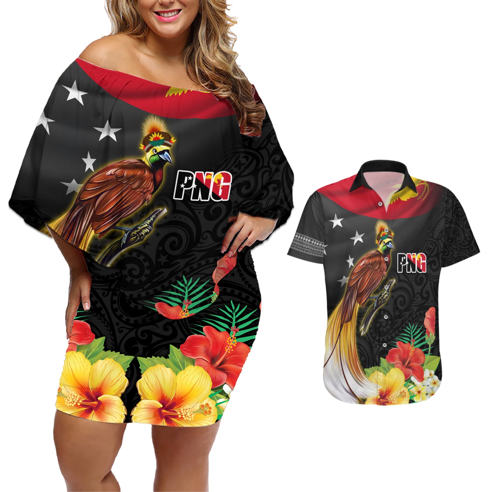 Papua New Guinea Independence Day Couples Matching Off Shoulder Short Dress and Hawaiian Shirt PNG Flag and Bird-of-Paradise