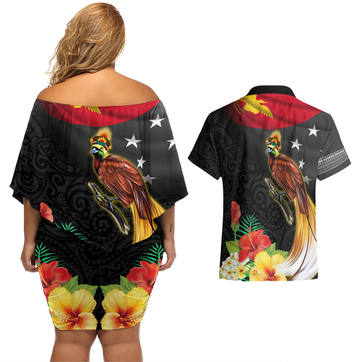 Papua New Guinea Independence Day Couples Matching Off Shoulder Short Dress and Hawaiian Shirt PNG Flag and Bird-of-Paradise