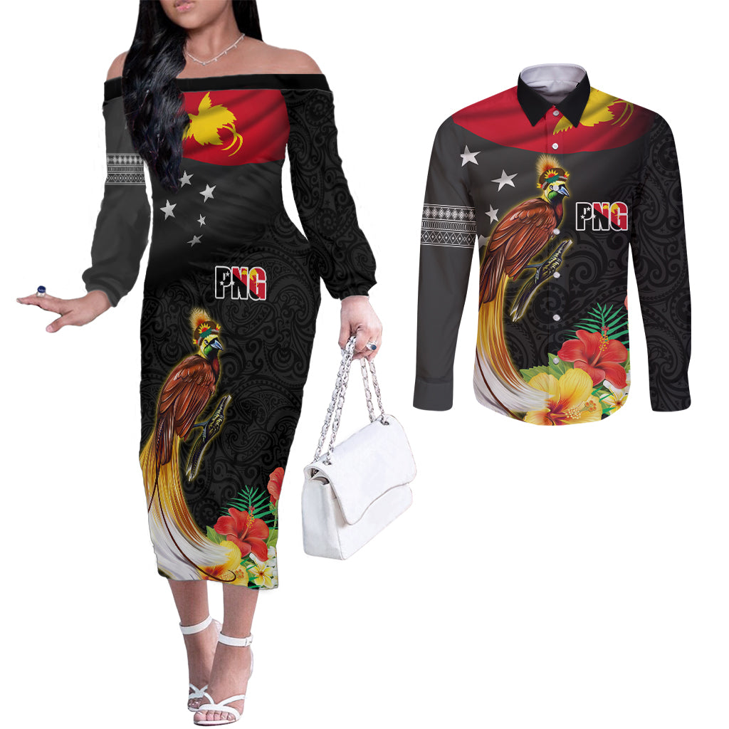 Papua New Guinea Independence Day Couples Matching Off The Shoulder Long Sleeve Dress and Long Sleeve Button Shirt PNG Flag and Bird-of-Paradise