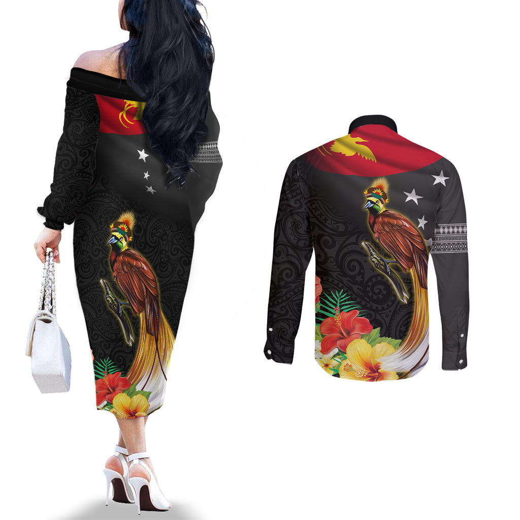 Papua New Guinea Independence Day Couples Matching Off The Shoulder Long Sleeve Dress and Long Sleeve Button Shirt PNG Flag and Bird-of-Paradise