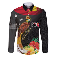 Papua New Guinea Independence Day Family Matching Off The Shoulder Long Sleeve Dress and Hawaiian Shirt PNG Flag and Bird-of-Paradise LT03 Dad's Shirt - Long Sleeve Black - Polynesian Pride