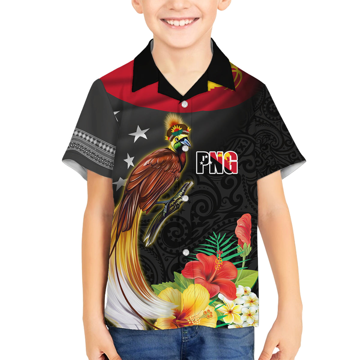 Papua New Guinea Independence Day Family Matching Off The Shoulder Long Sleeve Dress and Hawaiian Shirt PNG Flag and Bird-of-Paradise LT03 Son's Shirt Black - Polynesian Pride