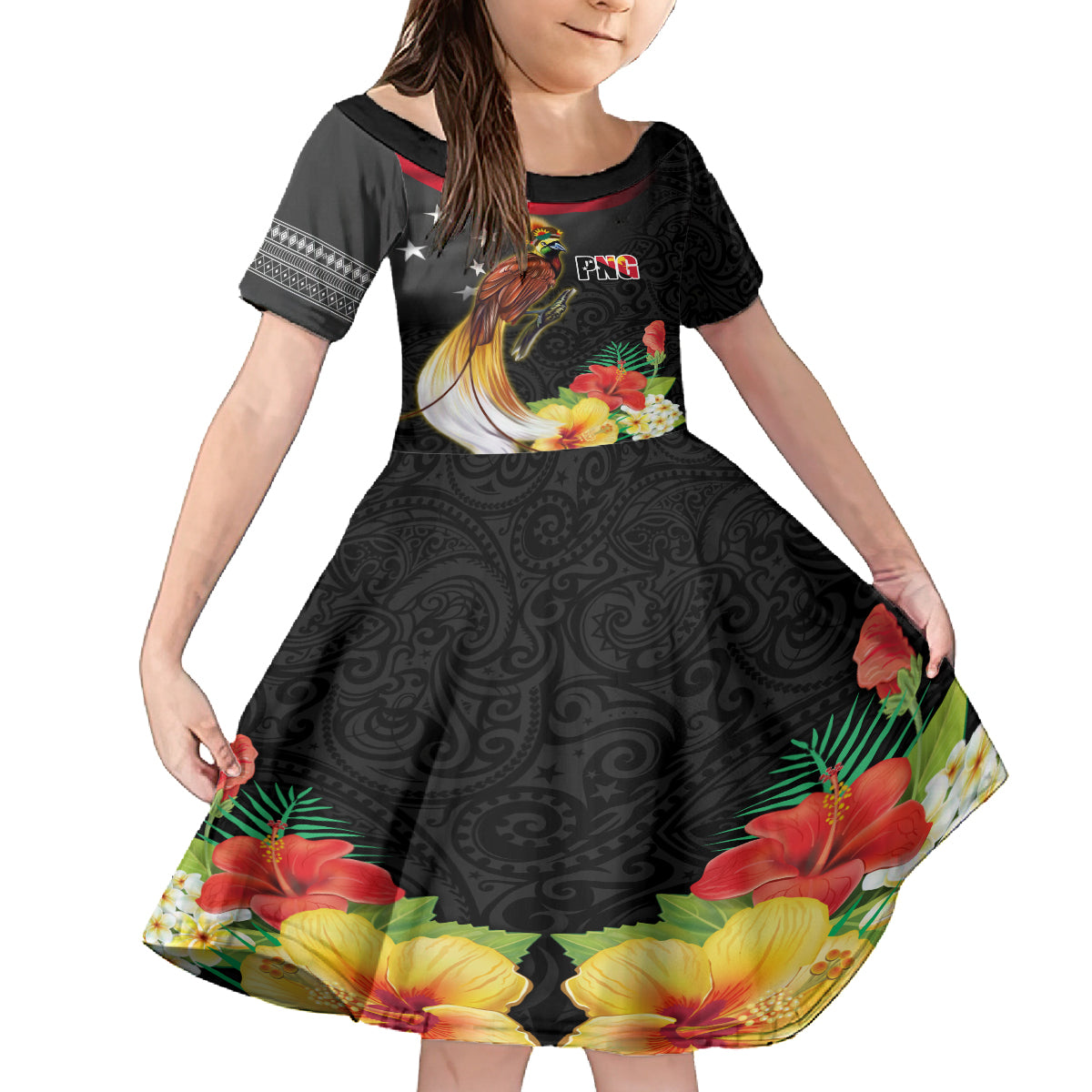 Papua New Guinea Independence Day Family Matching Off Shoulder Short Dress and Hawaiian Shirt PNG Flag and Bird-of-Paradise LT03 Daughter's Dress Black - Polynesian Pride