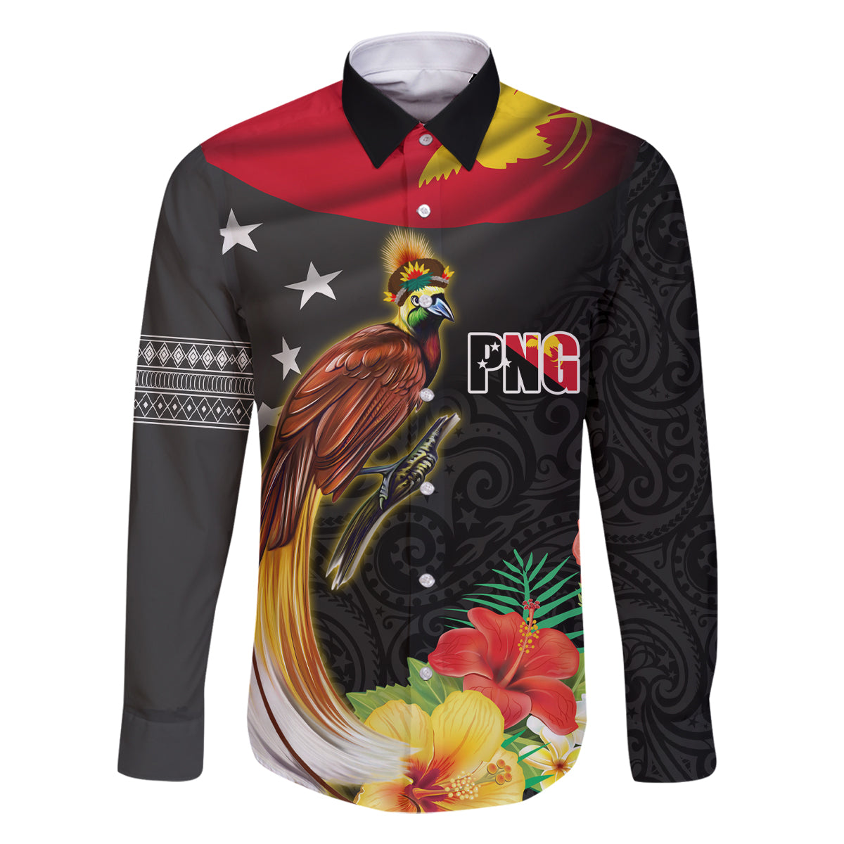 Papua New Guinea Independence Day Family Matching Tank Maxi Dress and Hawaiian Shirt PNG Flag and Bird-of-Paradise LT03 Dad's Shirt - Long Sleeve Black - Polynesian Pride