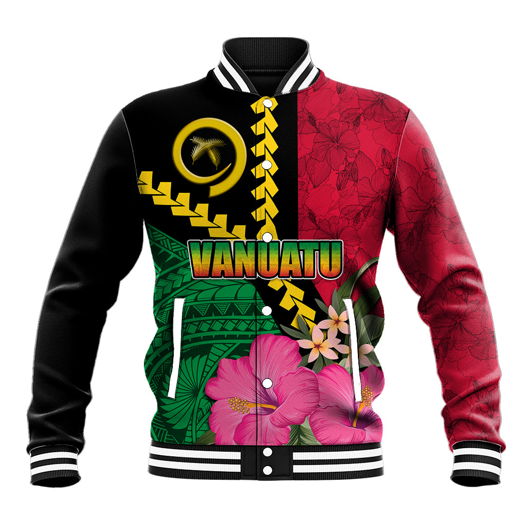 Vanuatu Flag Hibiscus Polynesian Pattern Baseball Jacket
