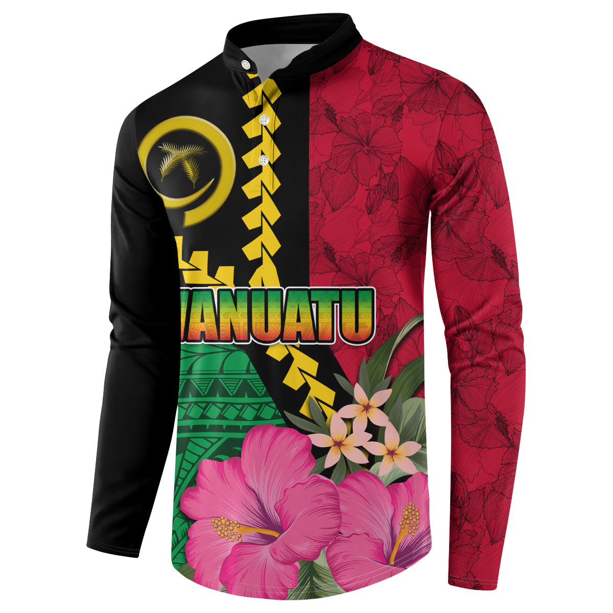 Vanuatu Flag Hibiscus Polynesian Pattern Button Sweatshirt