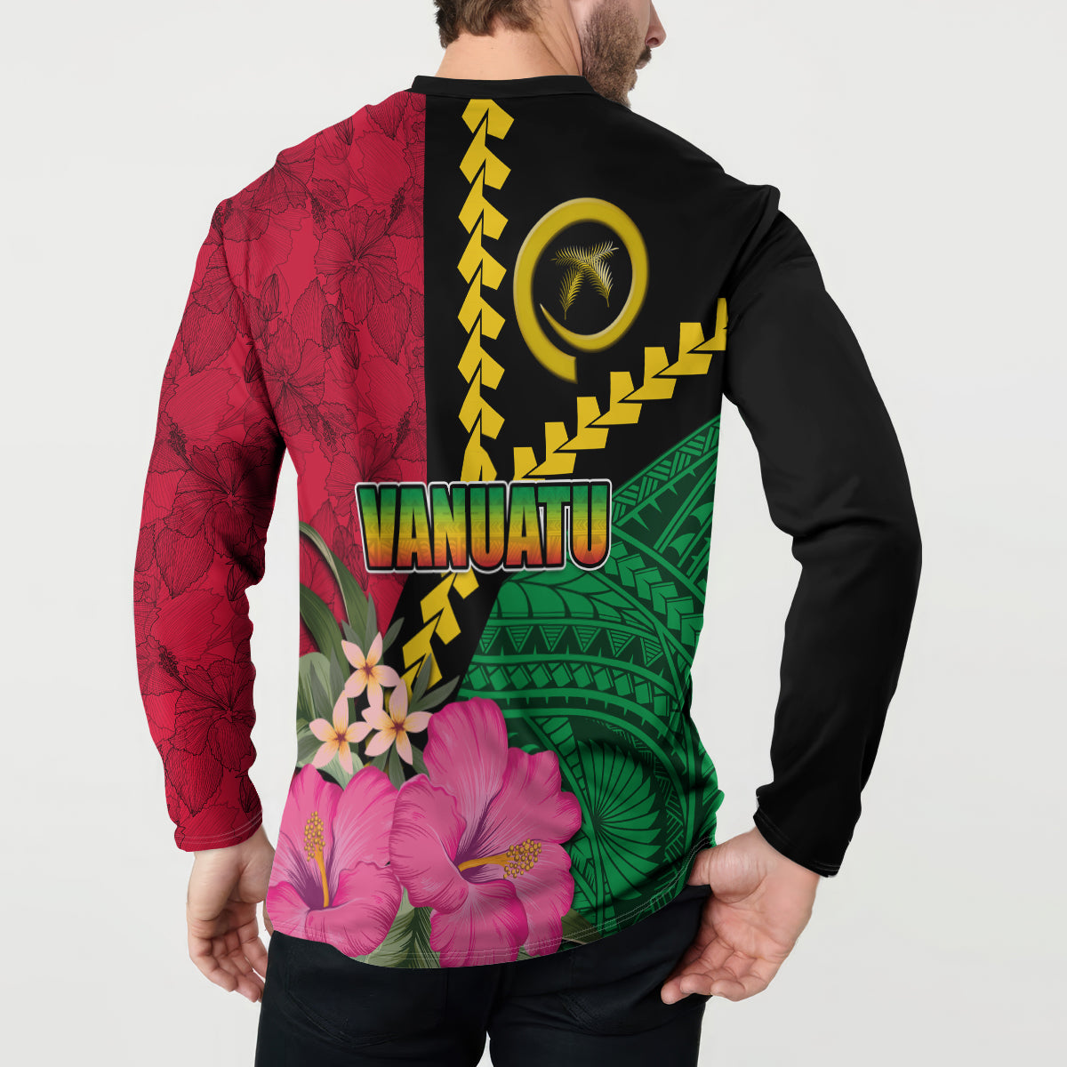 Vanuatu Flag Hibiscus Polynesian Pattern Button Sweatshirt