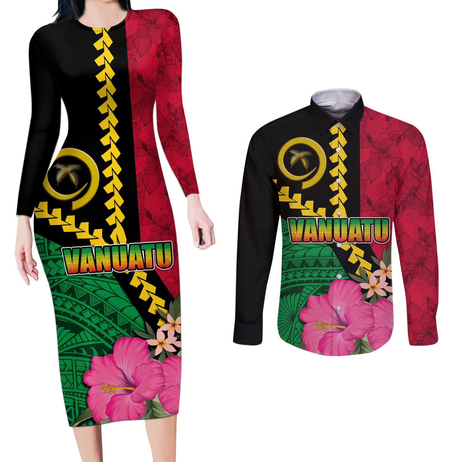 Vanuatu Flag Hibiscus Polynesian Pattern Couples Matching Long Sleeve Bodycon Dress and Long Sleeve Button Shirt