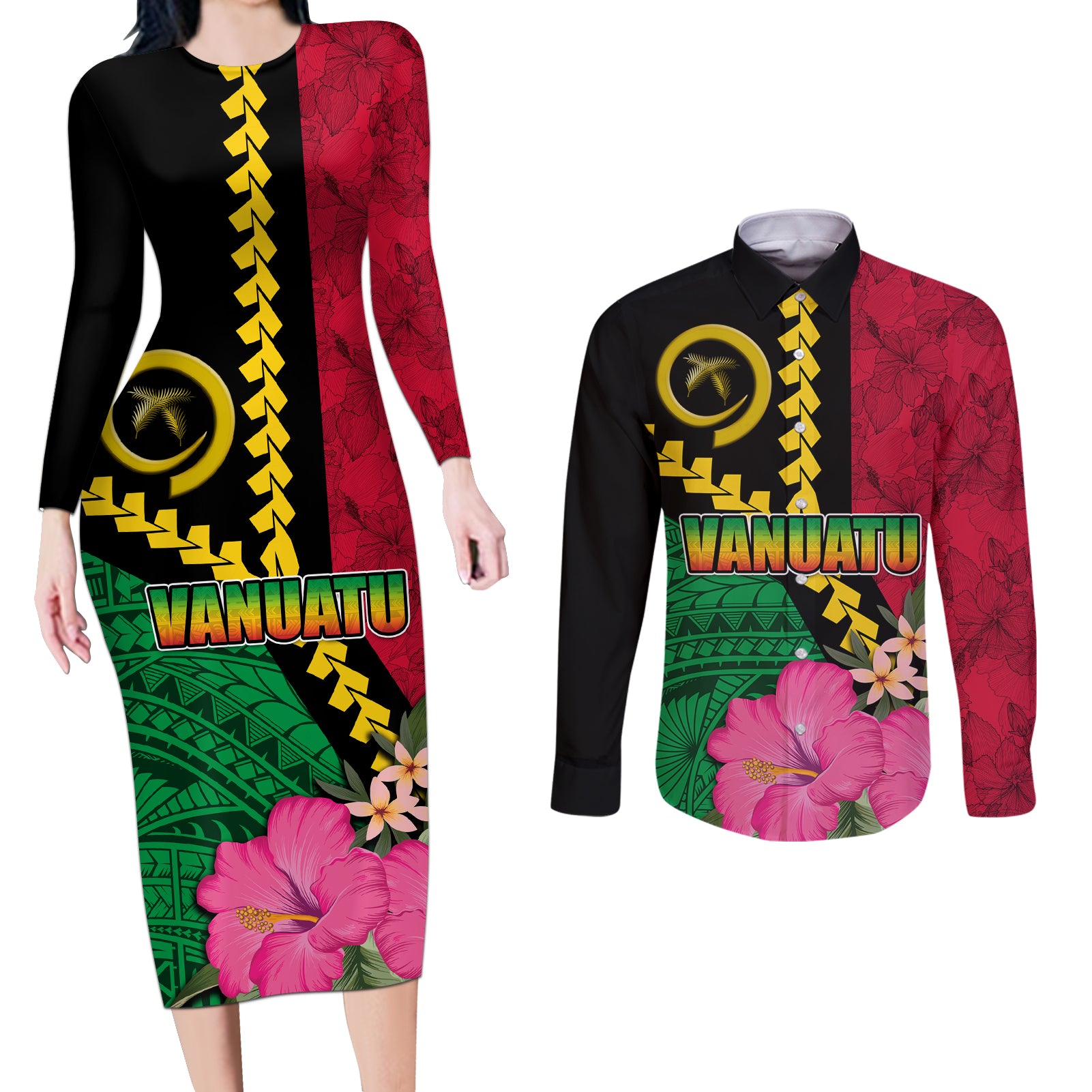 Vanuatu Flag Hibiscus Polynesian Pattern Couples Matching Long Sleeve Bodycon Dress and Long Sleeve Button Shirt