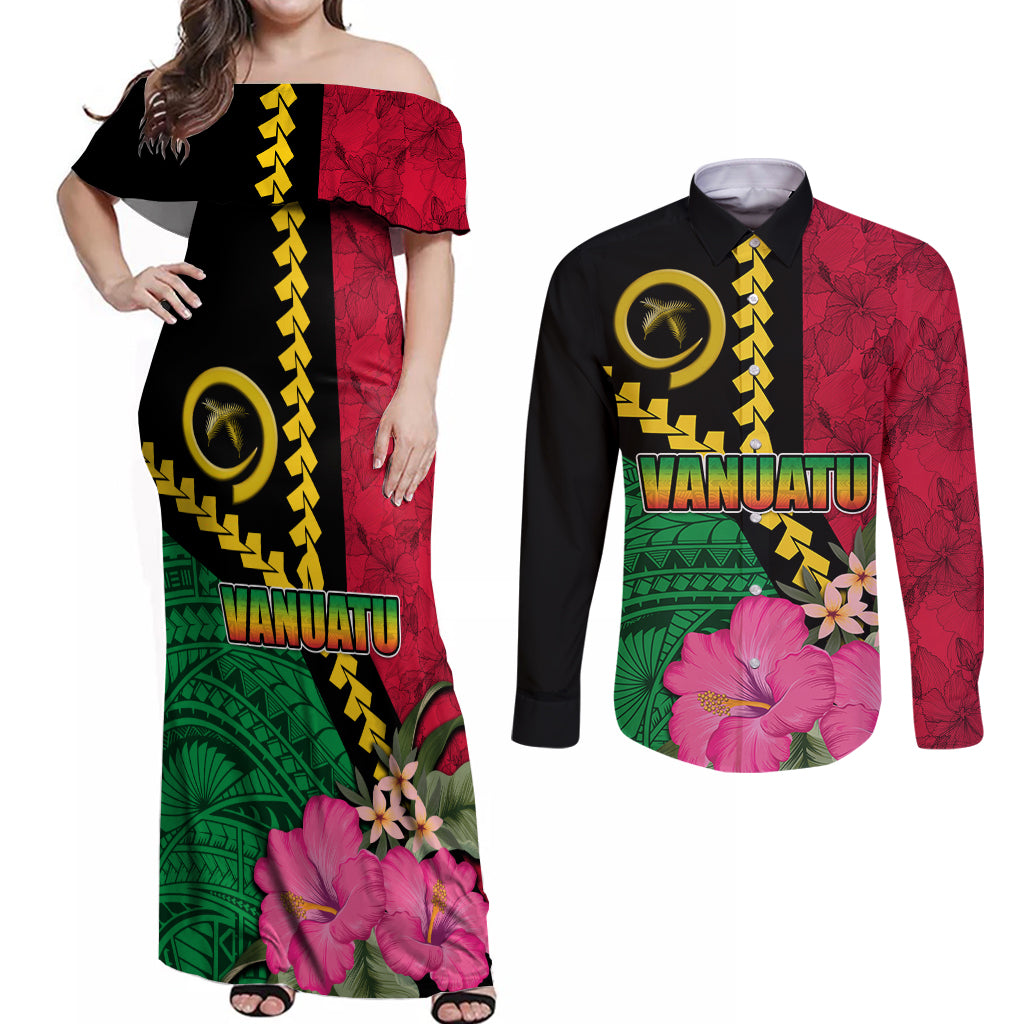 Vanuatu Flag Hibiscus Polynesian Pattern Couples Matching Off Shoulder Maxi Dress and Long Sleeve Button Shirt