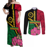 Vanuatu Flag Hibiscus Polynesian Pattern Couples Matching Off Shoulder Maxi Dress and Long Sleeve Button Shirt
