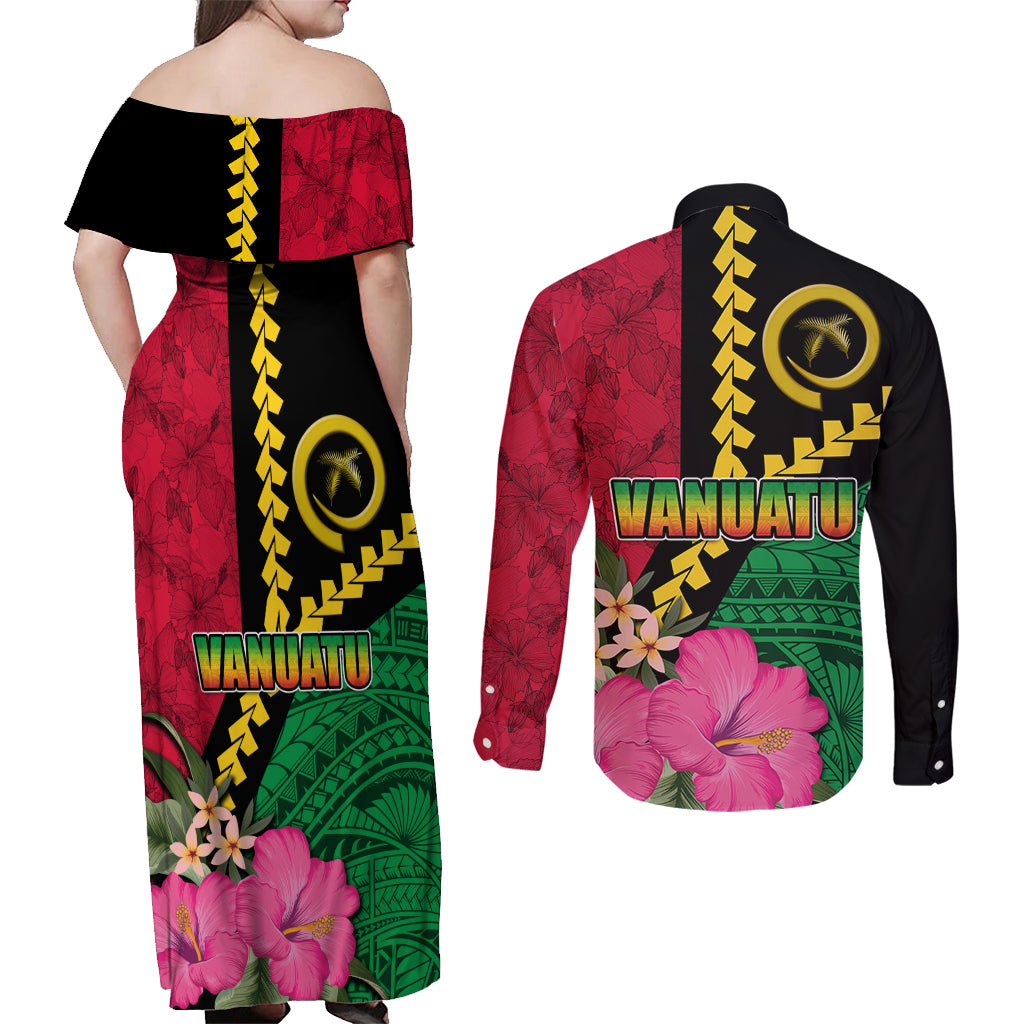 Vanuatu Flag Hibiscus Polynesian Pattern Couples Matching Off Shoulder Maxi Dress and Long Sleeve Button Shirt