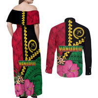 Vanuatu Flag Hibiscus Polynesian Pattern Couples Matching Off Shoulder Maxi Dress and Long Sleeve Button Shirt