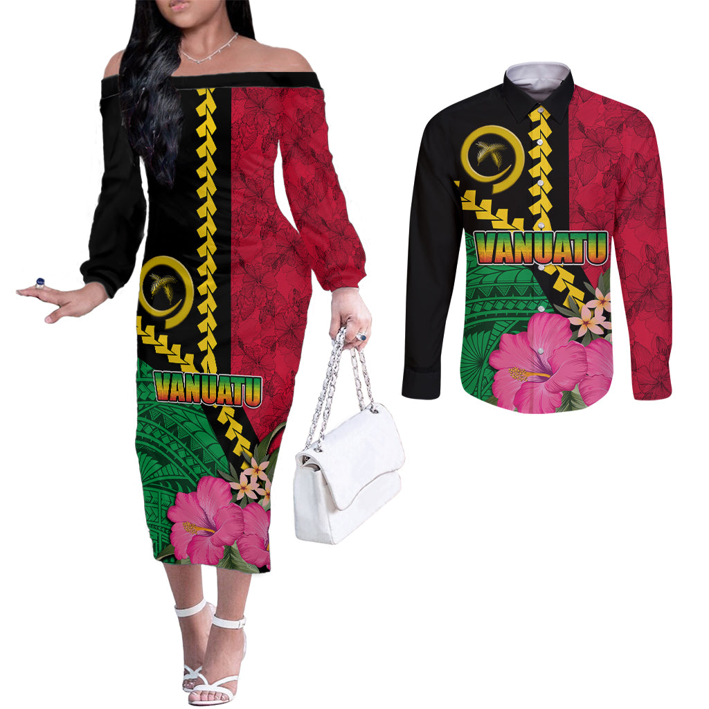 Vanuatu Flag Hibiscus Polynesian Pattern Couples Matching Off The Shoulder Long Sleeve Dress and Long Sleeve Button Shirt