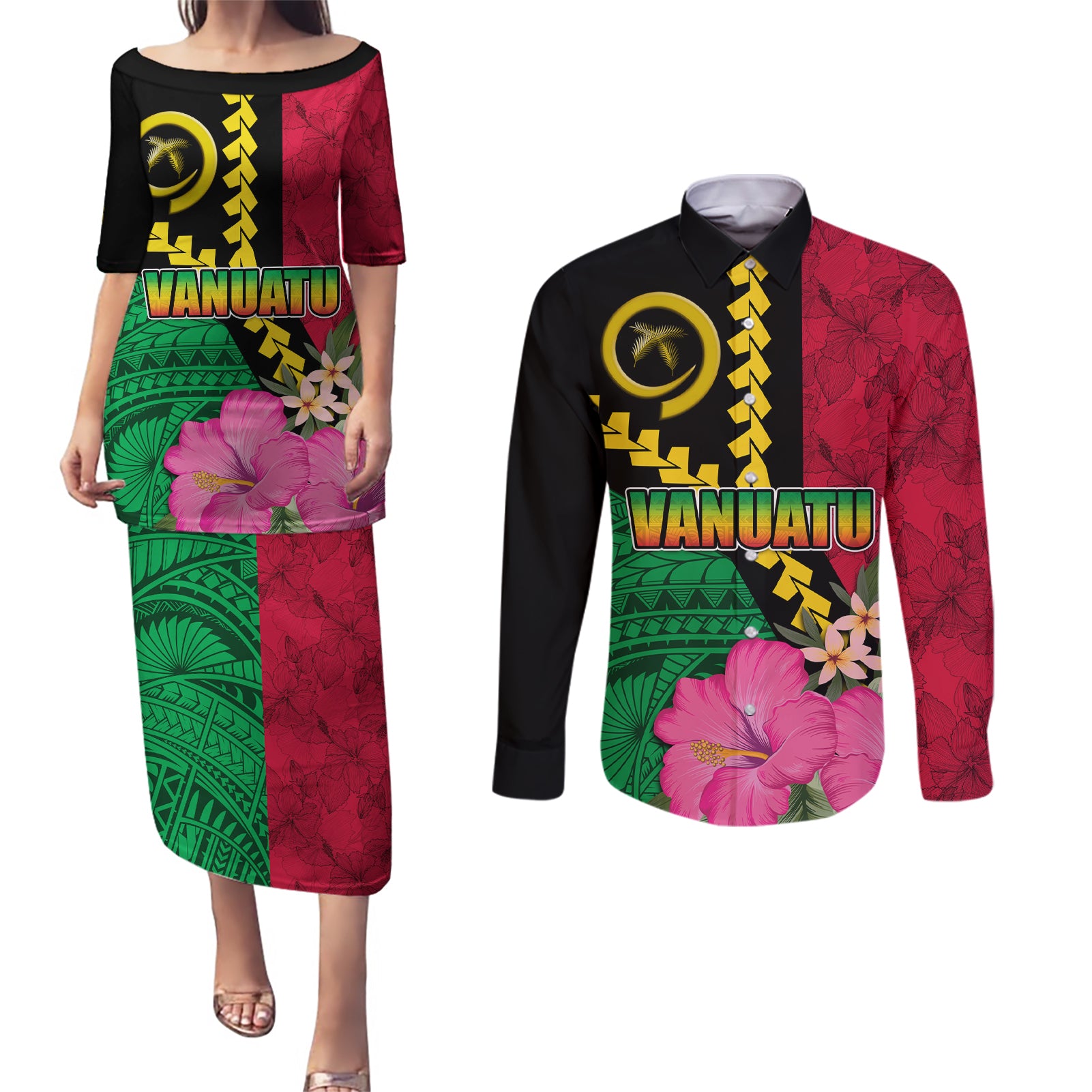 Vanuatu Flag Hibiscus Polynesian Pattern Couples Matching Puletasi and Long Sleeve Button Shirt