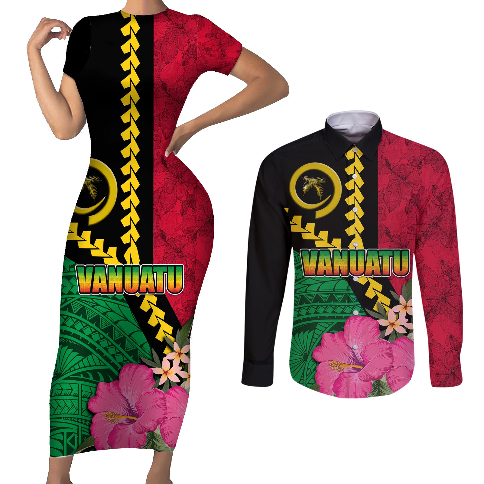 Vanuatu Flag Hibiscus Polynesian Pattern Couples Matching Short Sleeve Bodycon Dress and Long Sleeve Button Shirt