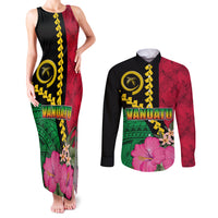 Vanuatu Flag Hibiscus Polynesian Pattern Couples Matching Tank Maxi Dress and Long Sleeve Button Shirt