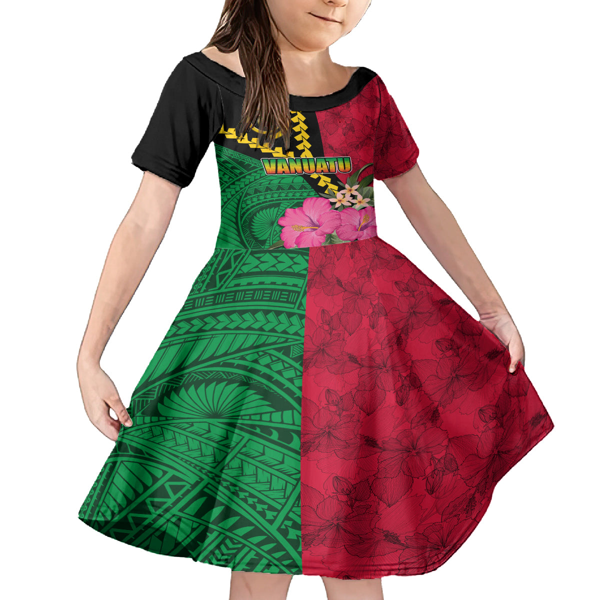 Vanuatu Flag Hibiscus Polynesian Pattern Family Matching Long Sleeve Bodycon Dress and Hawaiian Shirt LT03 Daughter's Dress Black - Polynesian Pride