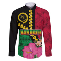 Vanuatu Flag Hibiscus Polynesian Pattern Family Matching Long Sleeve Bodycon Dress and Hawaiian Shirt LT03 Dad's Shirt - Long Sleeve Black - Polynesian Pride