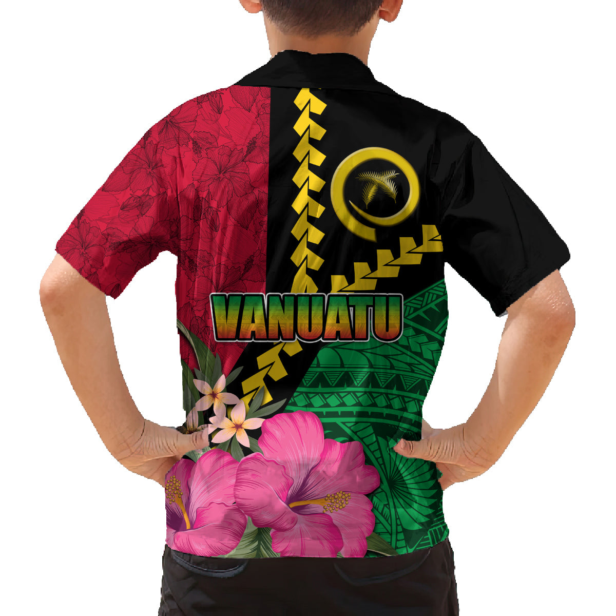 Vanuatu Flag Hibiscus Polynesian Pattern Family Matching Off The Shoulder Long Sleeve Dress and Hawaiian Shirt LT03 - Polynesian Pride