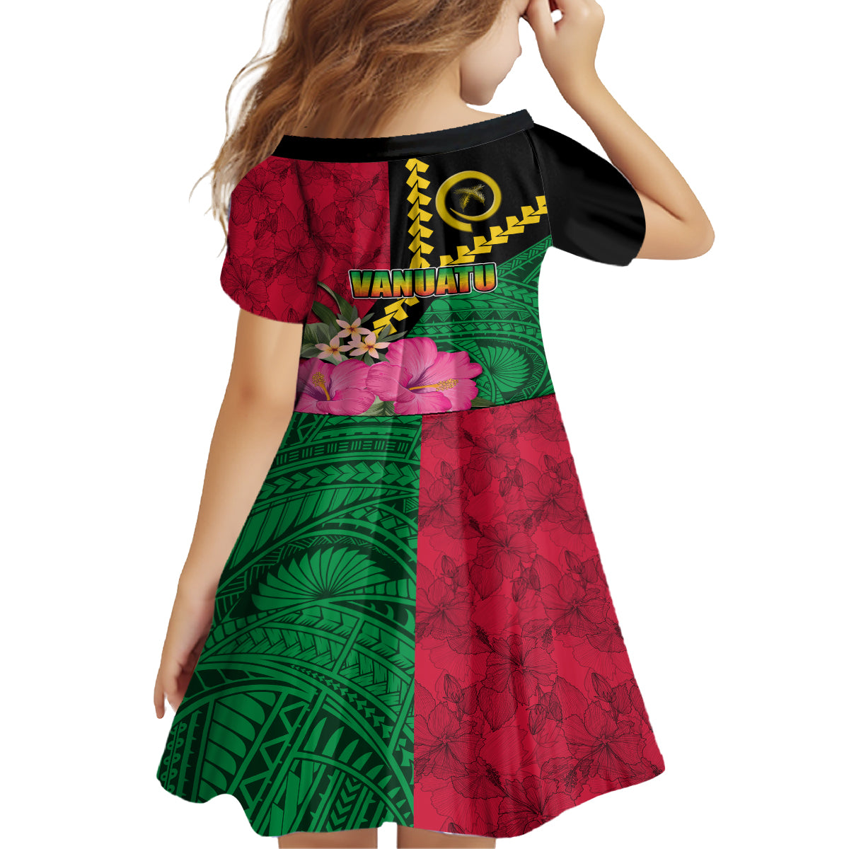 Vanuatu Flag Hibiscus Polynesian Pattern Family Matching Off The Shoulder Long Sleeve Dress and Hawaiian Shirt LT03 - Polynesian Pride