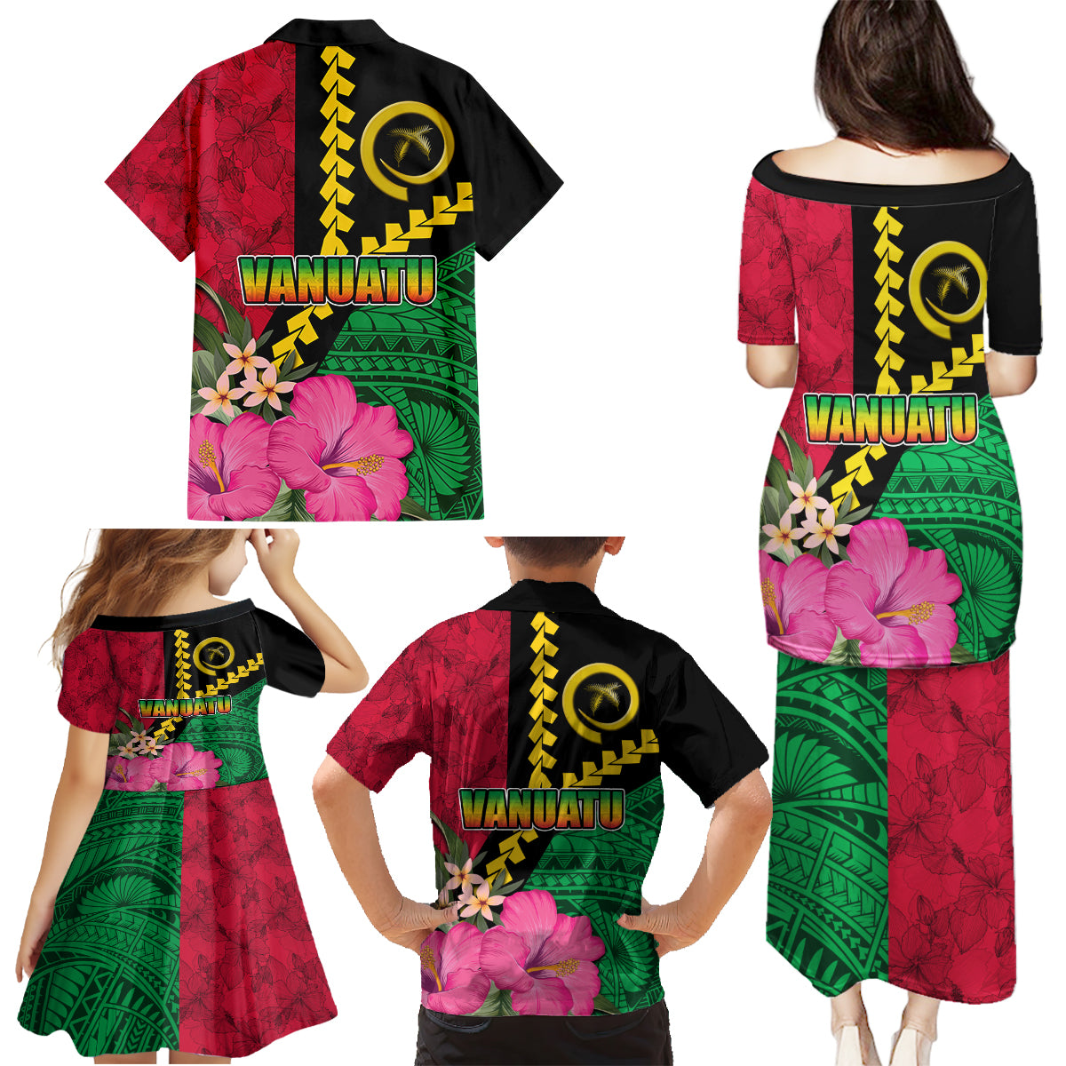 Vanuatu Flag Hibiscus Polynesian Pattern Family Matching Puletasi and Hawaiian Shirt