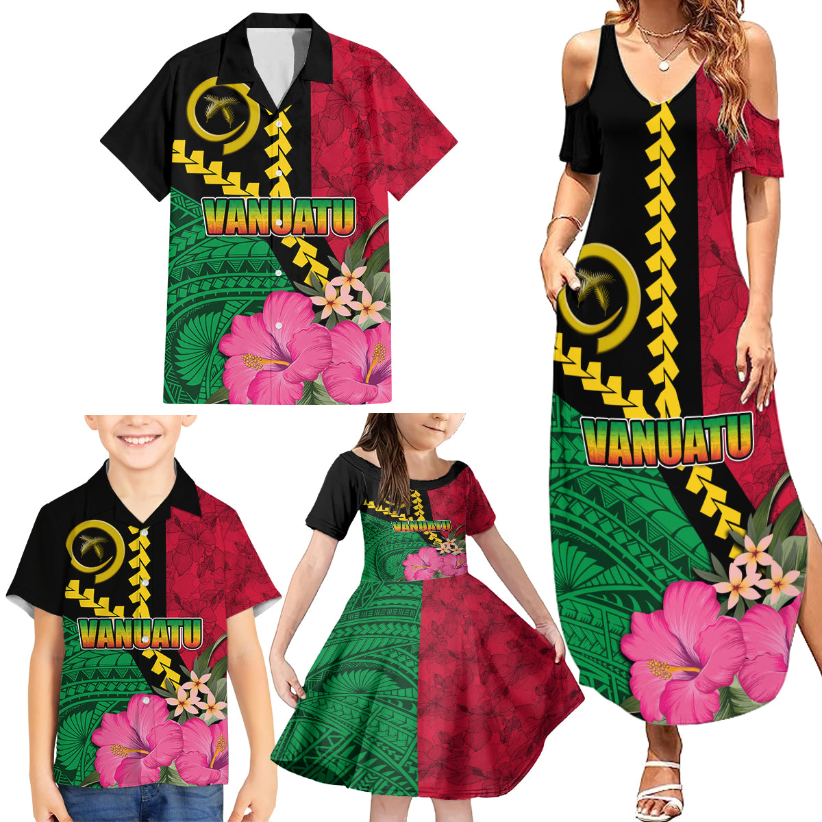 Vanuatu Flag Hibiscus Polynesian Pattern Family Matching Summer Maxi Dress and Hawaiian Shirt LT03 - Polynesian Pride