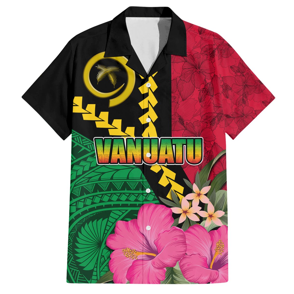 Vanuatu Flag Hibiscus Polynesian Pattern Hawaiian Shirt LT03 Black - Polynesian Pride