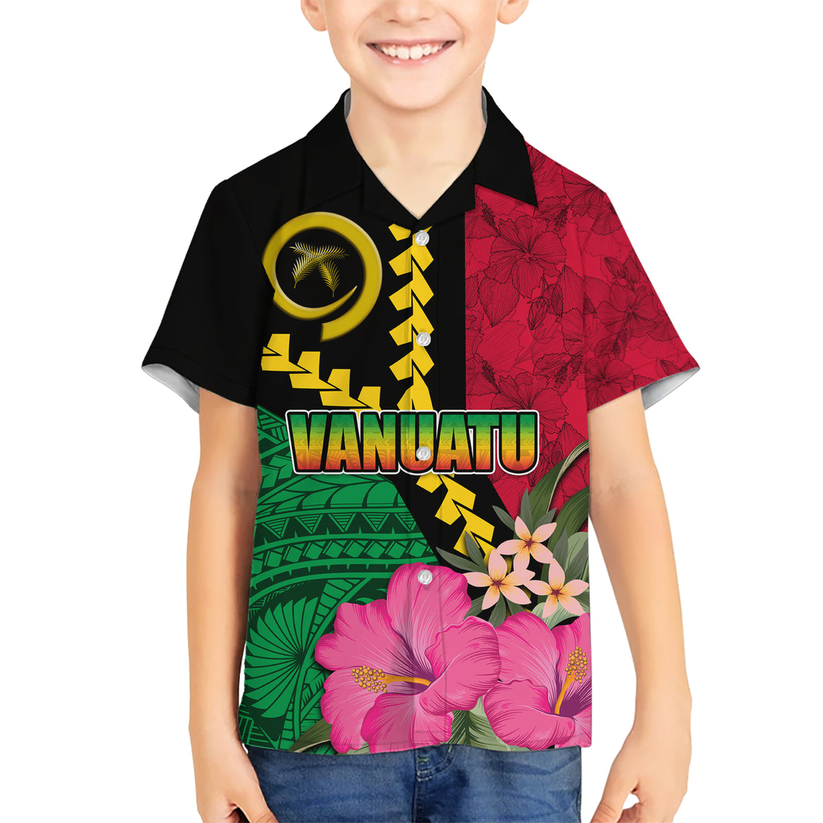 Vanuatu Flag Hibiscus Polynesian Pattern Kid Hawaiian Shirt LT03 Kid Black - Polynesian Pride