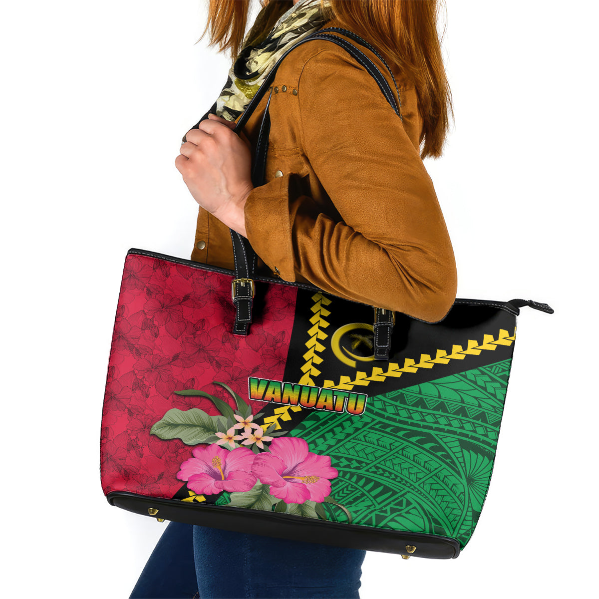 Vanuatu Flag Hibiscus Polynesian Pattern Leather Tote Bag LT03 Black - Polynesian Pride