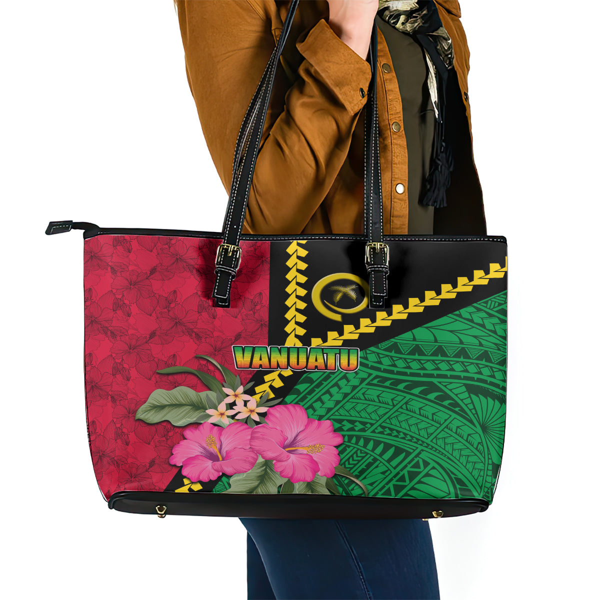 Vanuatu Flag Hibiscus Polynesian Pattern Leather Tote Bag LT03 - Polynesian Pride