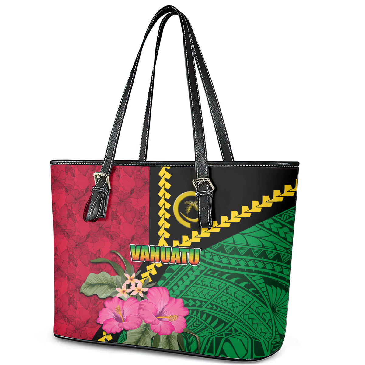Vanuatu Flag Hibiscus Polynesian Pattern Leather Tote Bag LT03 - Polynesian Pride