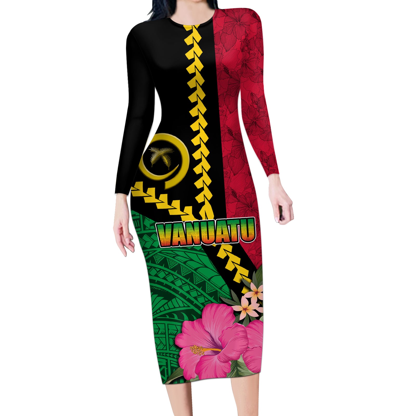 Vanuatu Flag Hibiscus Polynesian Pattern Long Sleeve Bodycon Dress LT03 Long Dress Black - Polynesian Pride