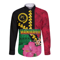 Vanuatu Flag Hibiscus Polynesian Pattern Long Sleeve Button Shirt