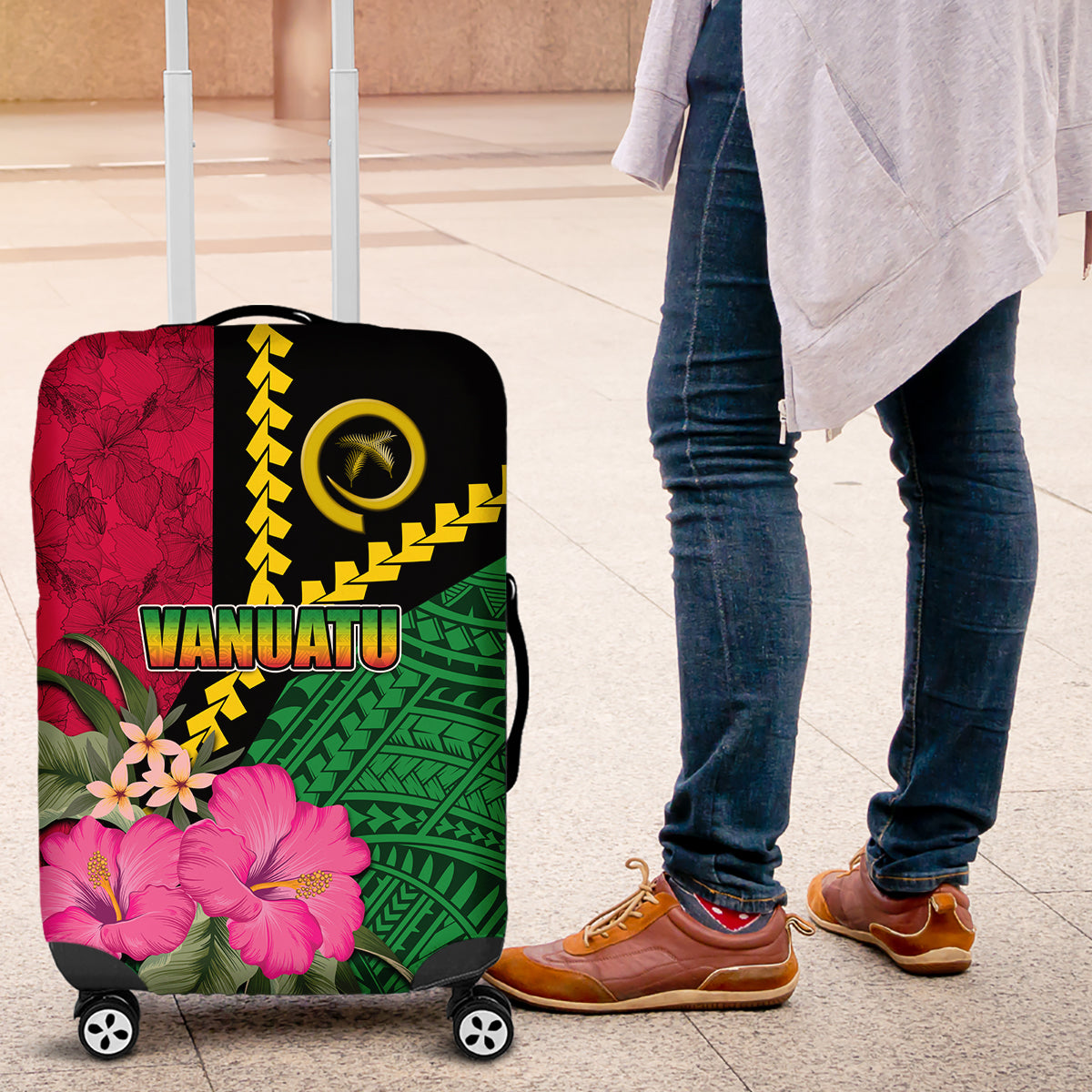 Vanuatu Flag Hibiscus Polynesian Pattern Luggage Cover LT03 Black - Polynesian Pride