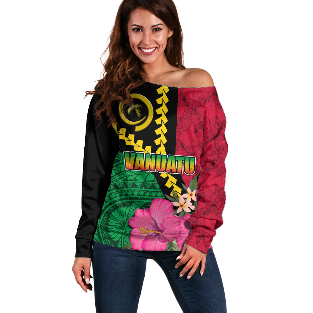 Vanuatu Flag Hibiscus Polynesian Pattern Off Shoulder Sweater LT03 Women Black - Polynesian Pride