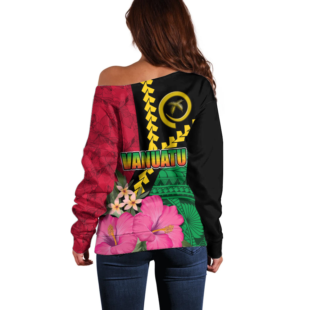 Vanuatu Flag Hibiscus Polynesian Pattern Off Shoulder Sweater