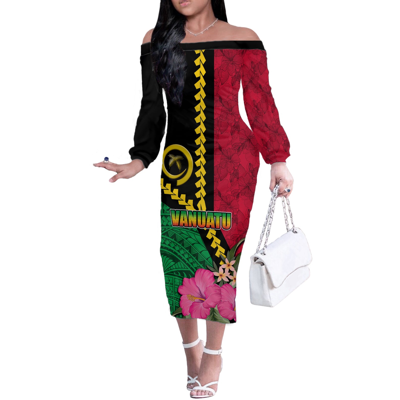 Vanuatu Flag Hibiscus Polynesian Pattern Off The Shoulder Long Sleeve Dress LT03 Women Black - Polynesian Pride