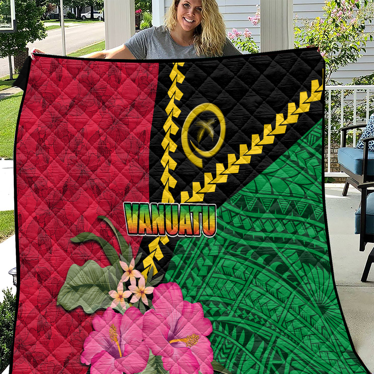 Vanuatu Flag Hibiscus Polynesian Pattern Quilt LT03 Black - Polynesian Pride