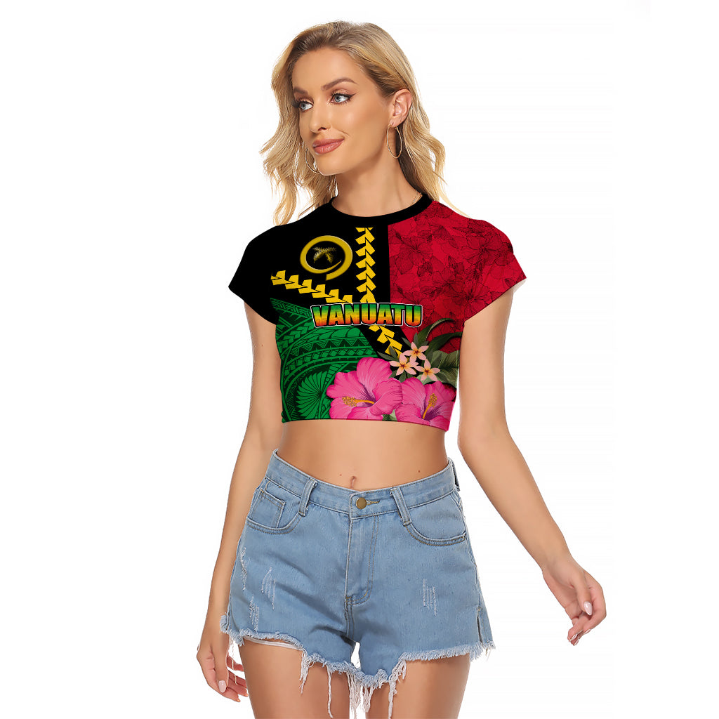 Vanuatu Flag Hibiscus Polynesian Pattern Raglan Cropped T Shirt