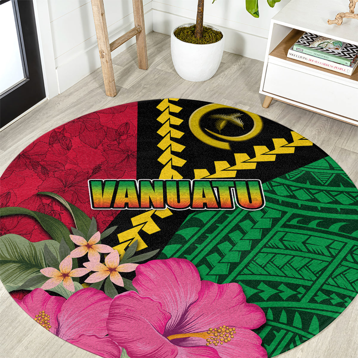Vanuatu Flag Hibiscus Polynesian Pattern Round Carpet LT03 Black - Polynesian Pride