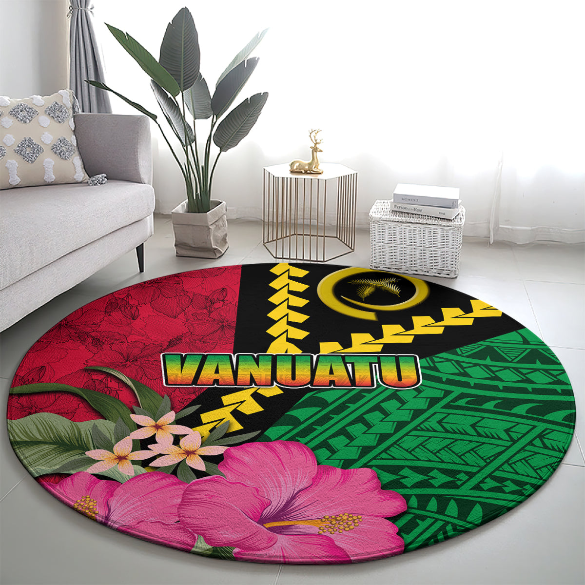 Vanuatu Flag Hibiscus Polynesian Pattern Round Carpet LT03 - Polynesian Pride