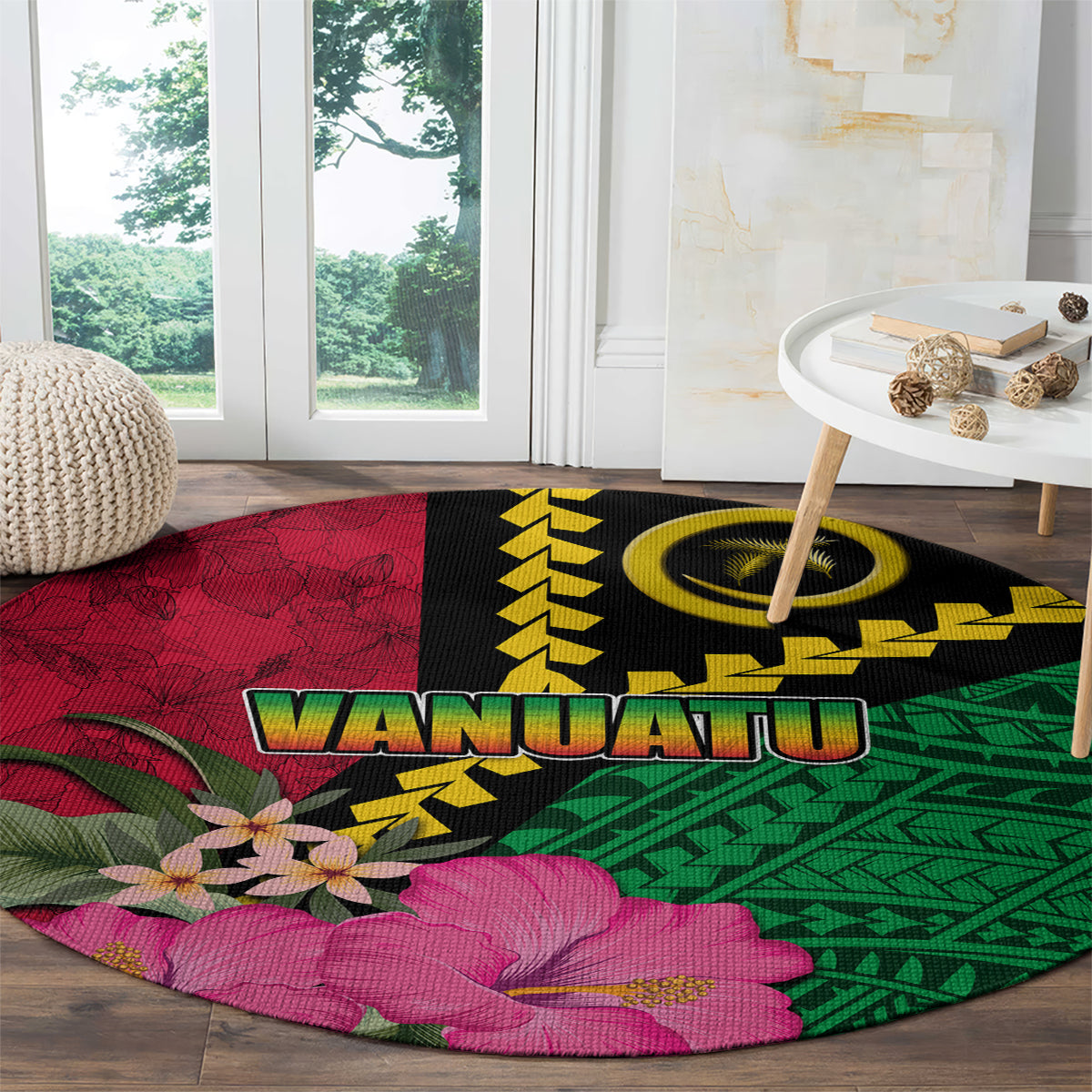 Vanuatu Flag Hibiscus Polynesian Pattern Round Carpet LT03 - Polynesian Pride