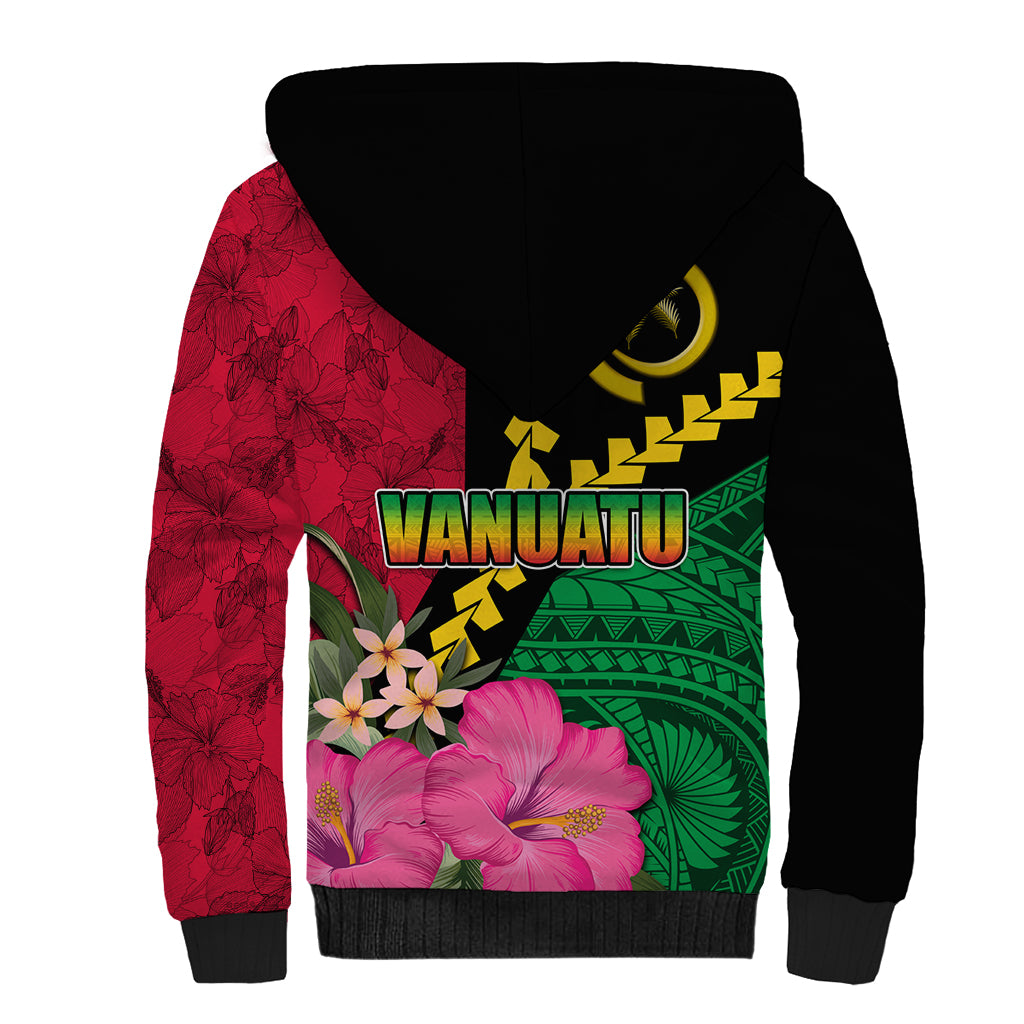 Vanuatu Flag Hibiscus Polynesian Pattern Sherpa Hoodie