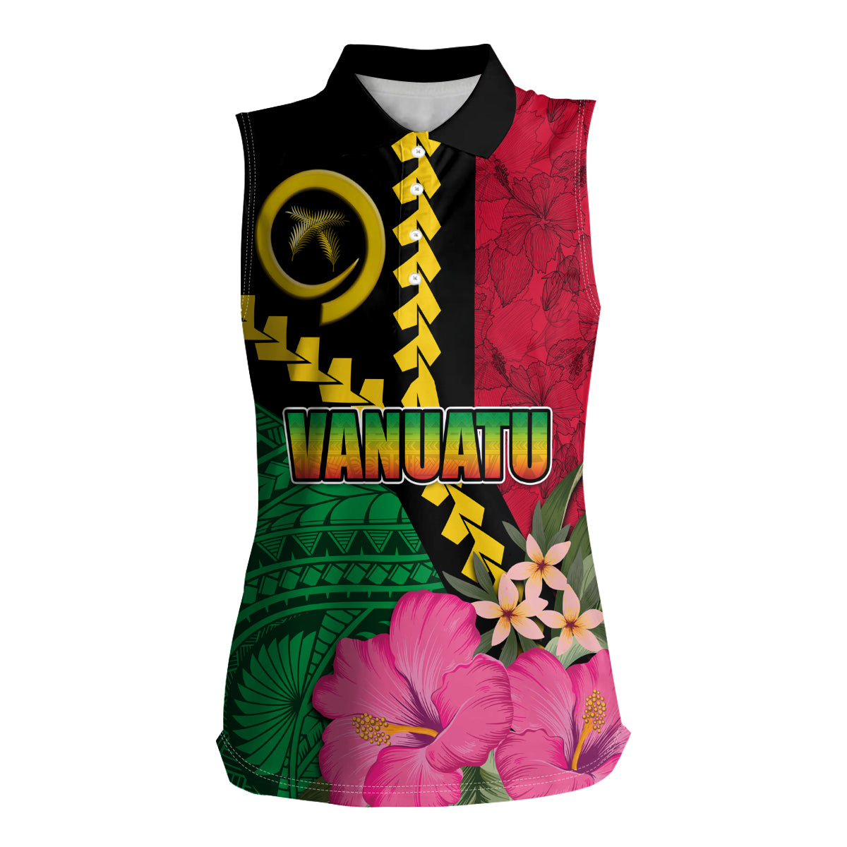 Vanuatu Flag Hibiscus Polynesian Pattern Women Sleeveless Polo Shirt LT03 Female Black - Polynesian Pride