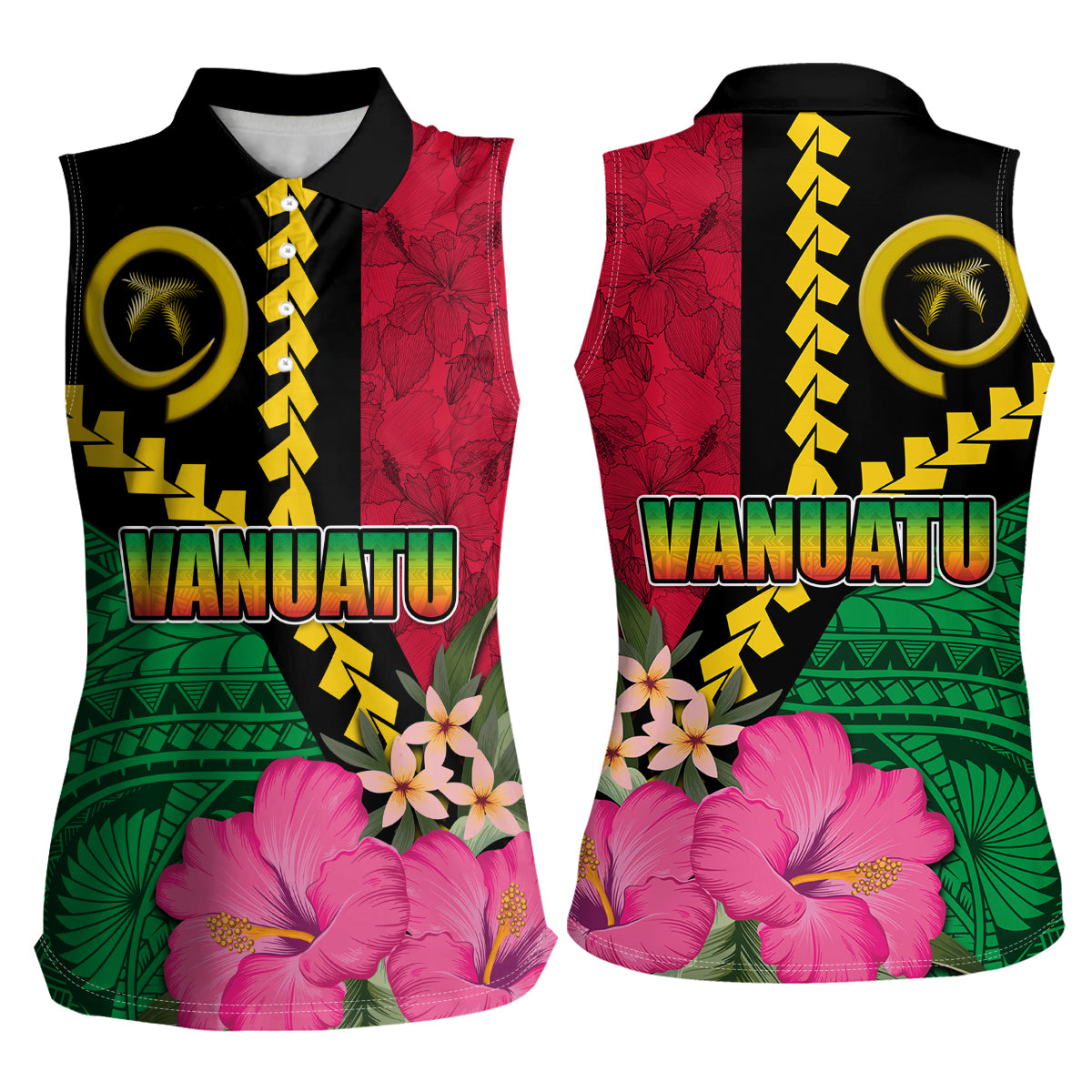 Vanuatu Flag Hibiscus Polynesian Pattern Women Sleeveless Polo Shirt