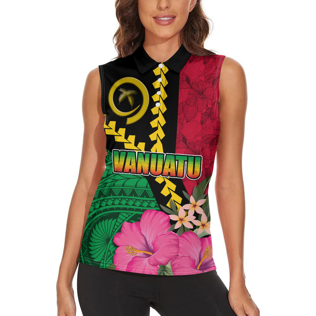 Vanuatu Flag Hibiscus Polynesian Pattern Women Sleeveless Polo Shirt