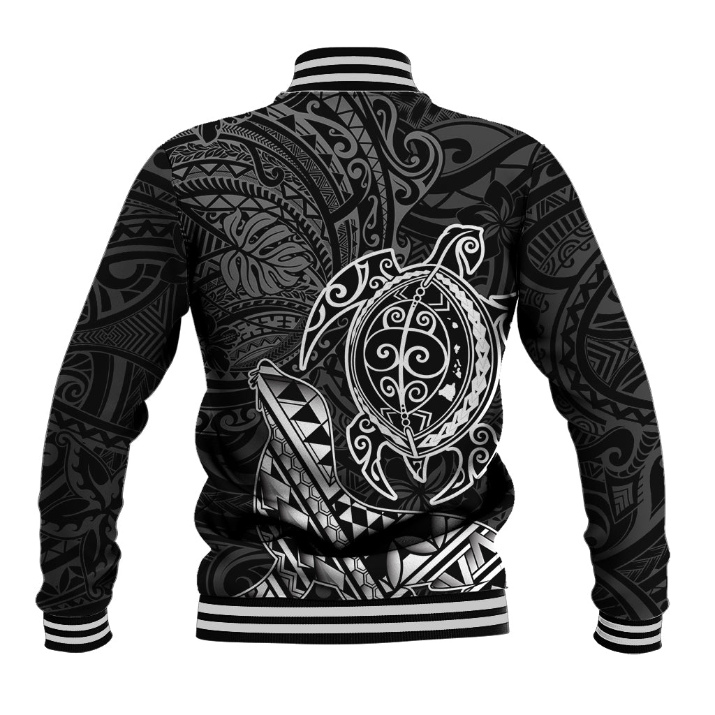 Hawaii Monk Seal and Dolphin Baseball Jacket Polynesian Kakau Pattern Black White Color