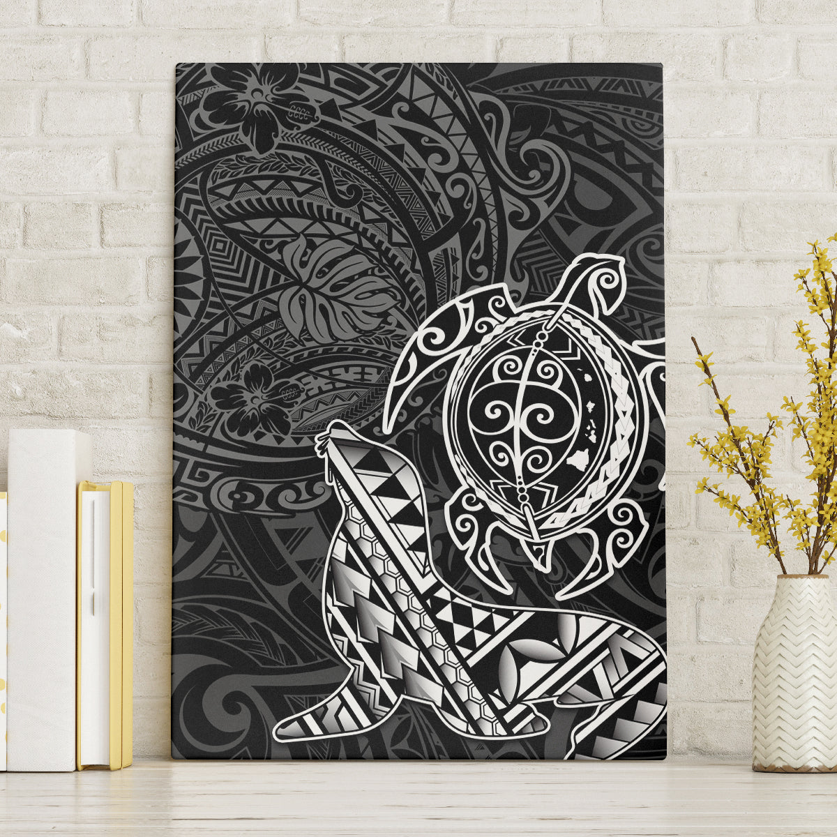 Hawaii Monk Seal and Dolphin Canvas Wall Art Polynesian Kakau Pattern Black White Color